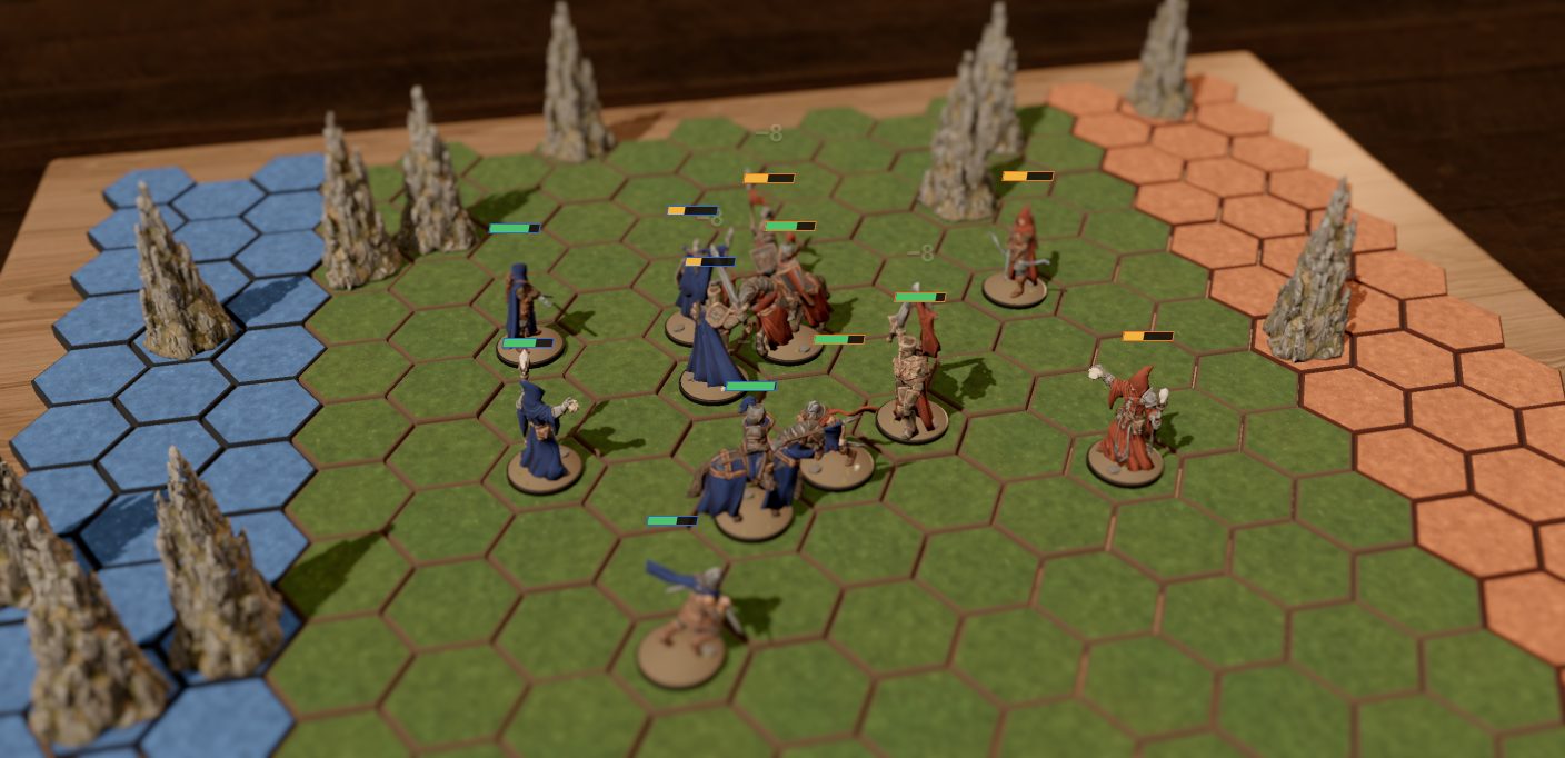 A battle in progress on the 3D hex board: blue and orange painted miniatures clash on grass hexes between the blue and orange deployment zones, framed by rocky mountain spires.